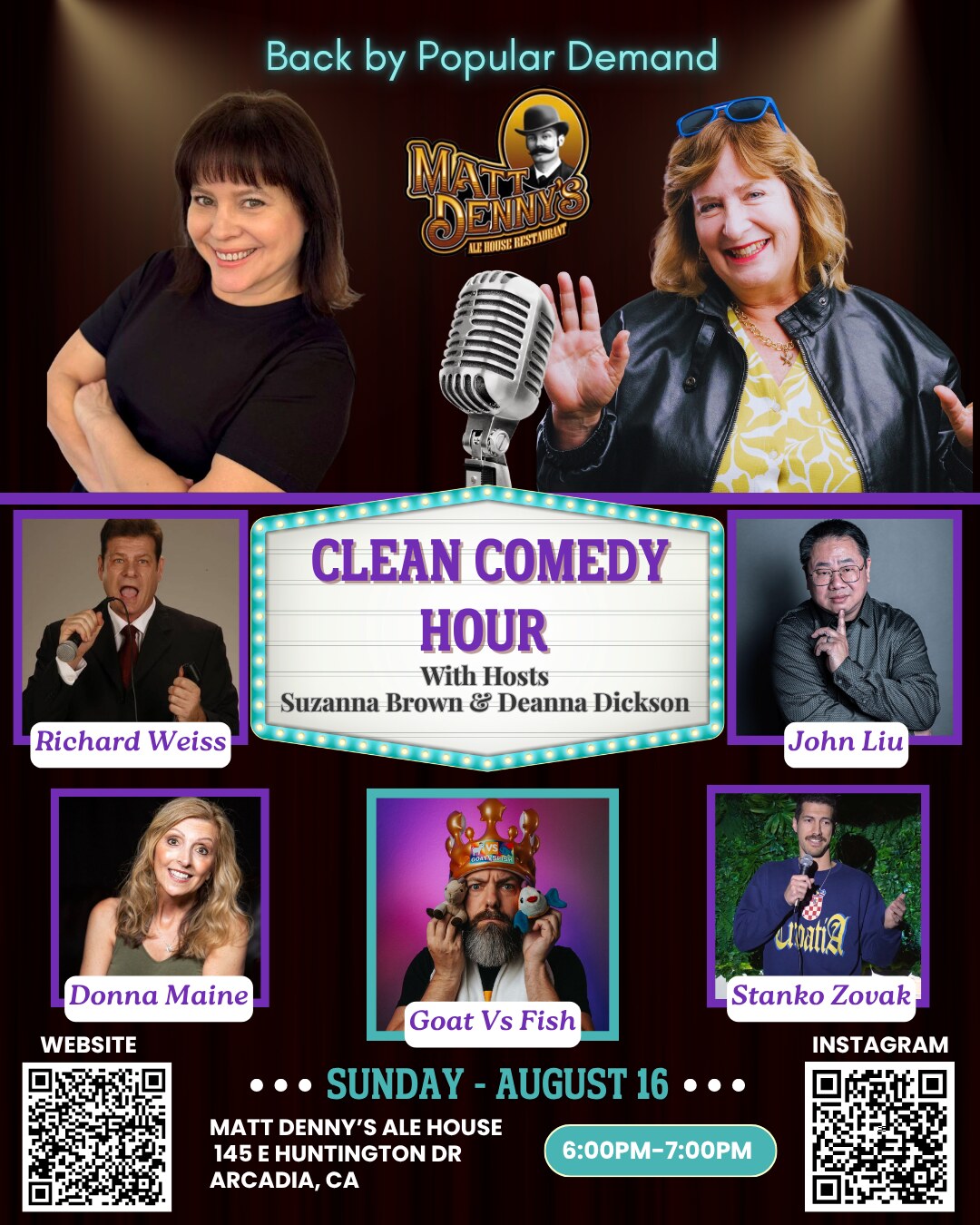 Clean Comedy Hour hosted by Suzanna Brown and Deanna Dickson — Sunday August 16 at Matt Denny's Ale House, Arcadia CA