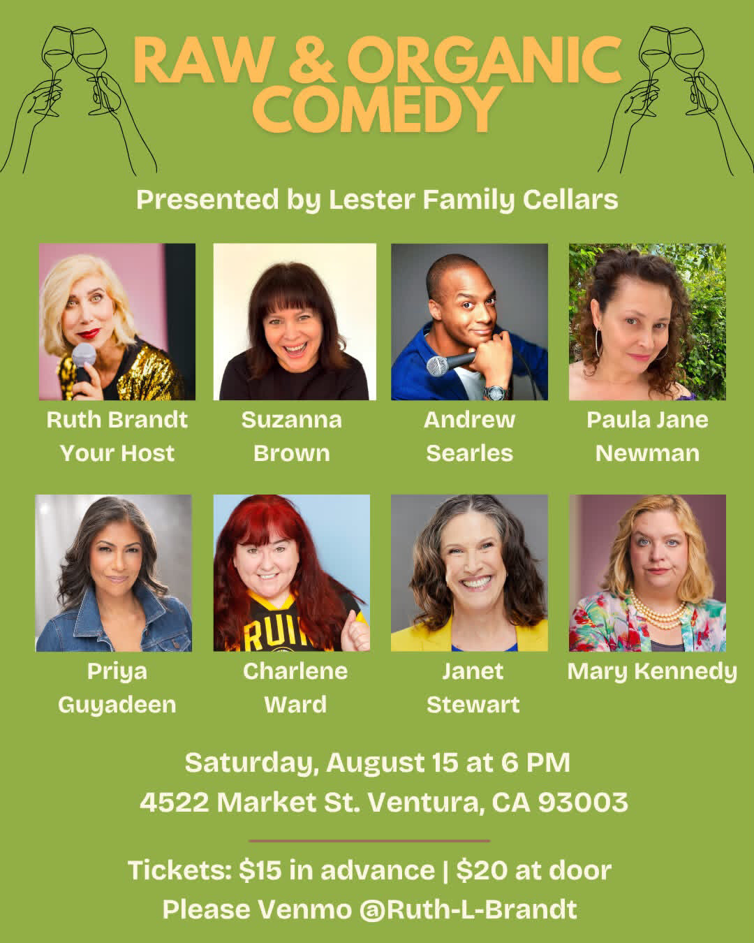 Raw & Organic Comedy presented by Lester Family Cellars — Saturday August 15 in Ventura, CA, featuring Suzanna Brown