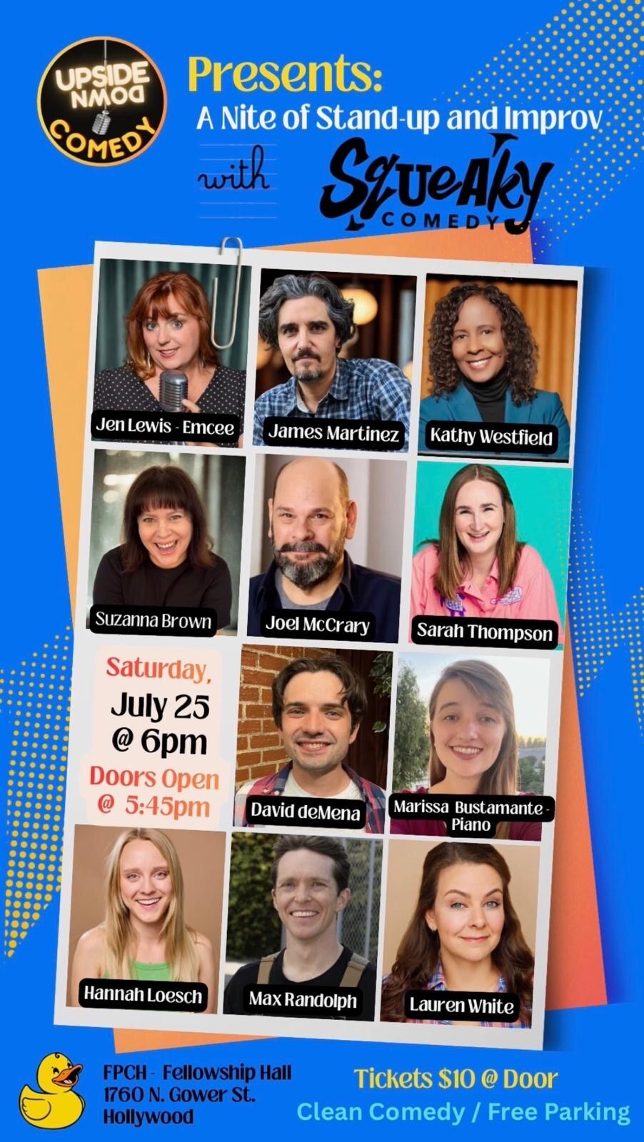 Upside Down Comedy Presents: A Nite of Stand-up and Improv with Squeaky Comedy — Saturday July 25 at FPCH Fellowship Hall, Hollywood, featuring Suzanna Brown